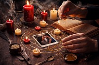 Rituel d’amour avec le nom de la personne réalisé dans une atmosphère mystique et sacrée. Une bougie rouge allumée éclaire doucement un parchemin ancien sur lequel est inscrit le nom de la personne aimée. Autour, des plantes spirituelles, de l’encens et des symboles ésotériques créent une énergie puissante d’attraction et de connexion émotionnelle. Ce rituel d’amour ancestral vise à attirer, renforcer ou raviver les sentiments sincères grâce à la force vibratoire du nom et à l’intention spirituelle profonde.